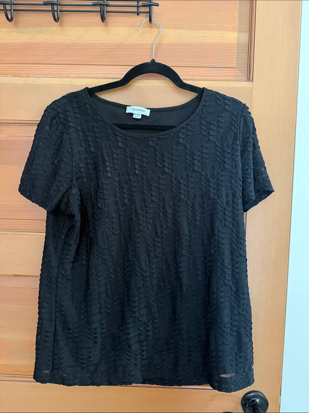 Calvin Klein Black Textured Short-Sleeve Crewneck Blouse